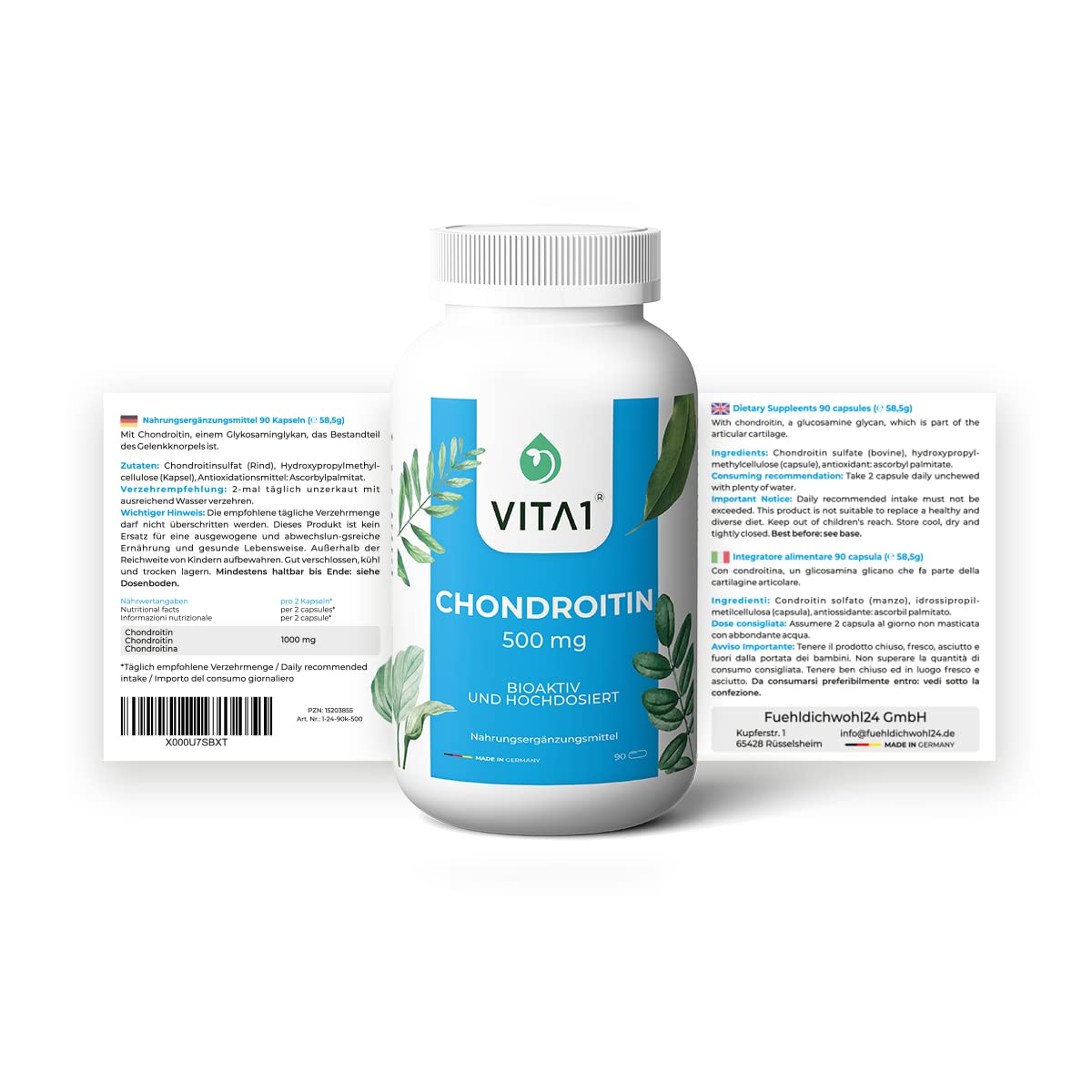 VITA1 Chondroitin 500mg • 90 Kapseln (6 Wochen Vorrat) Chondroitinsulfat von 90%natürlichen Chondroitin