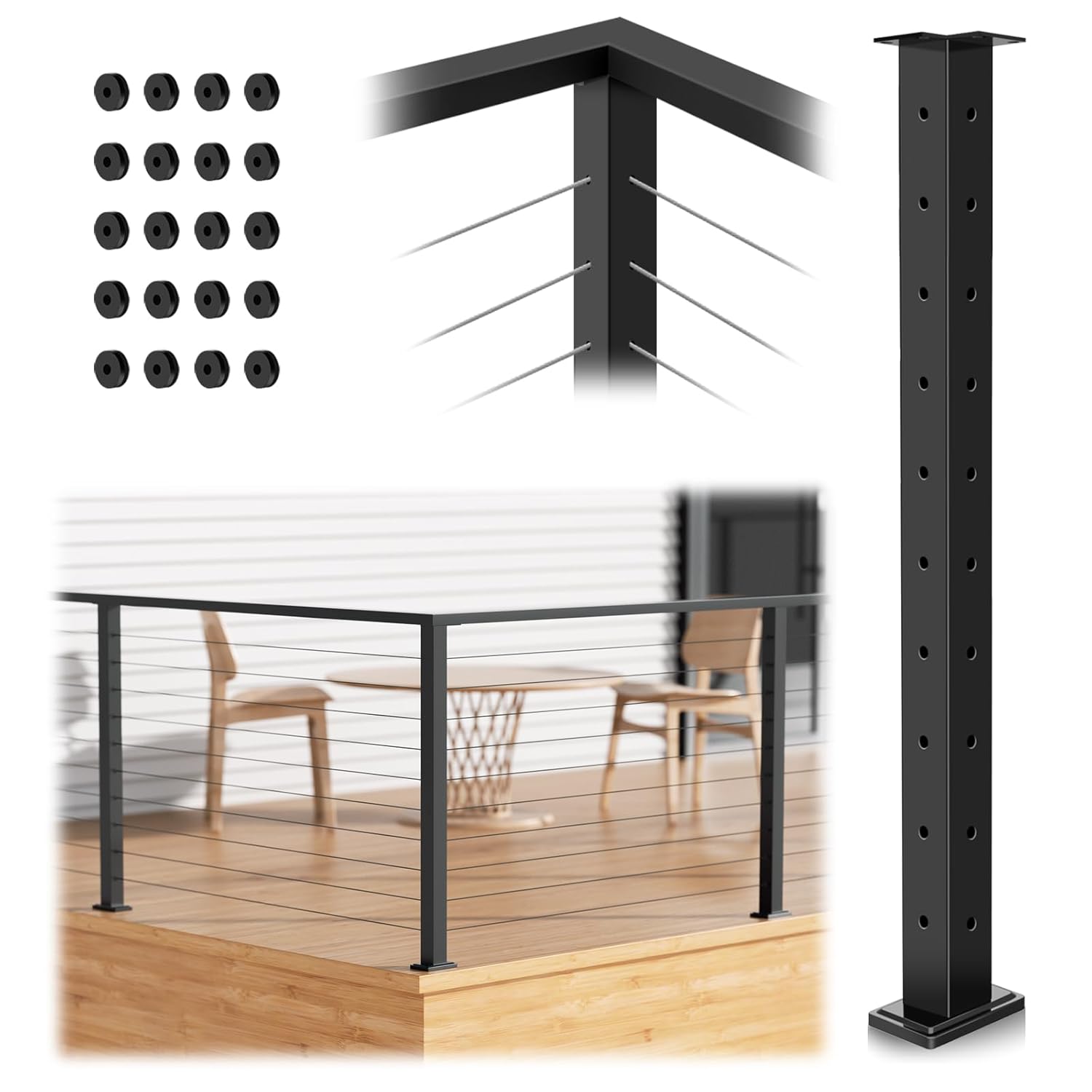 Cable Railing Post 36Inch, Level Drilled Railing Line Post with Flat Design Silicon Rings, Stainless Steel Horizontal Hole Deck Wire Railing Post, Black Finish Flat Top Cable Handrail Post