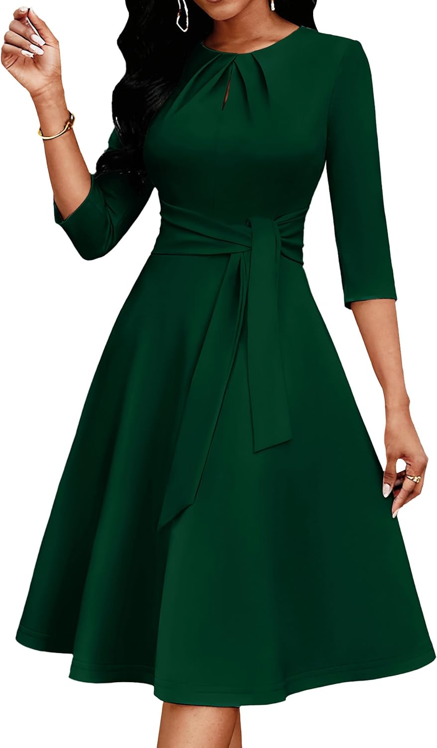 Nmoder Women's Cocktail Dresses, Semi Formal 3/4 Sleeve Tie Waist Wedding Guest Party Work Midi Dress with Pockets