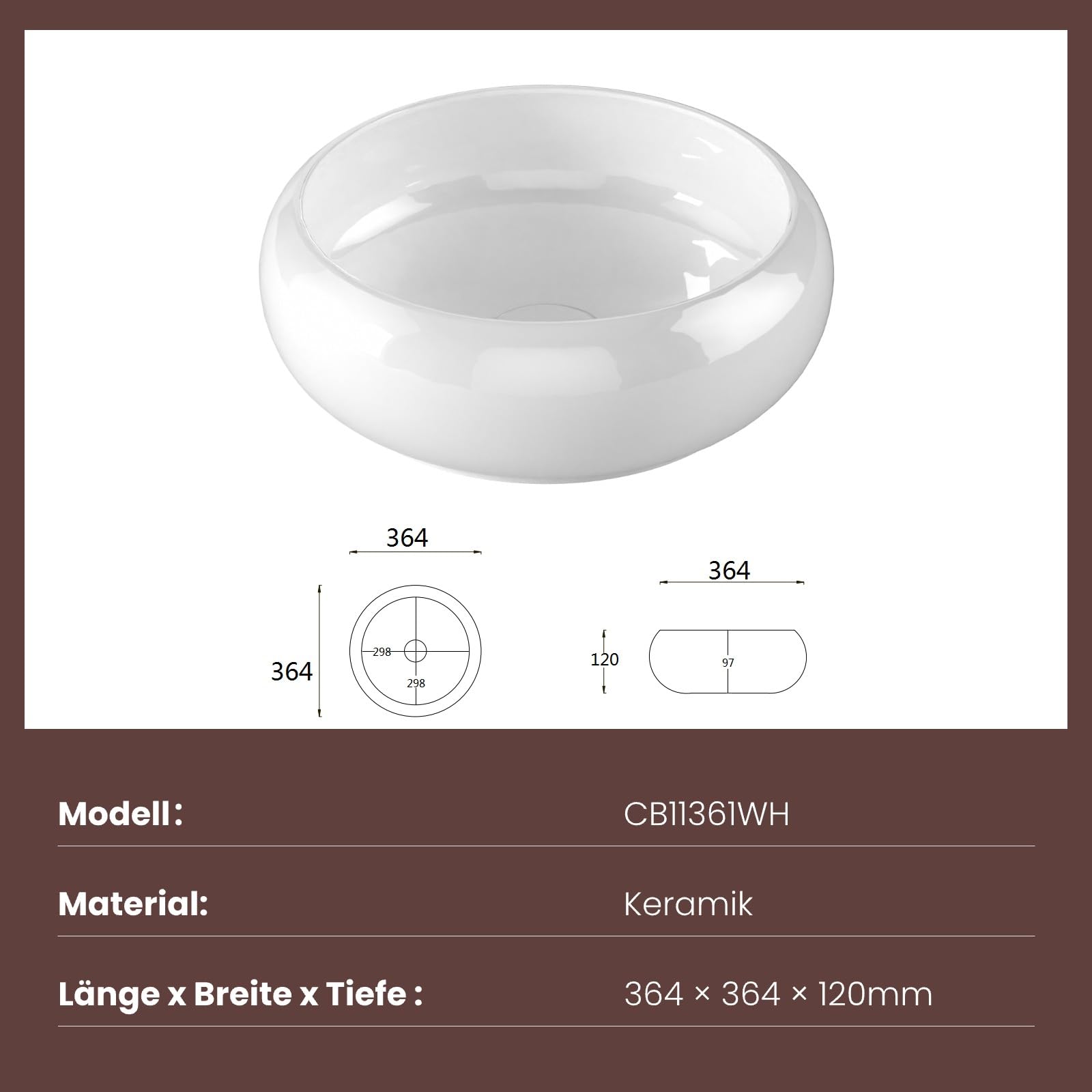 EMKE Lavabo design rond en céramique, 36 x 36 x 12 cm, blanc, design luxueux pour salle de bain et WC d'invités