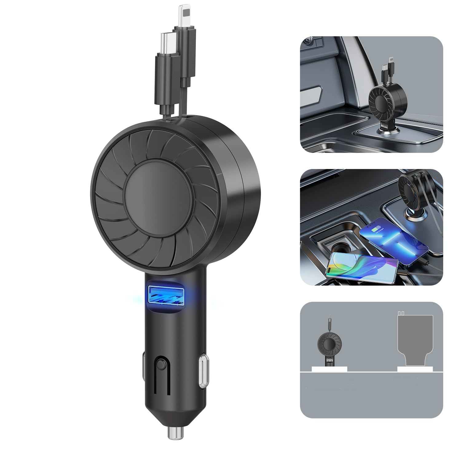 Retractable Car Charger,3 in 1 Small Retractable Phone Charger, 50W Fast Car Phone Charger with Dual Retractable Cable & USB Port Compatible with iPhone 15 14 13 12 Pro,iPad,Galaxy 23 22 21