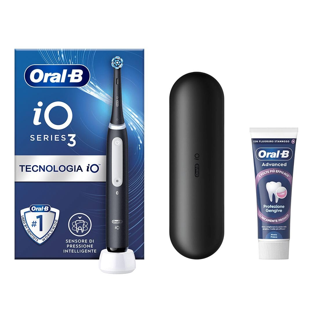 Oral-B Spazzolino Elettrico Ricaricabile iO 3 Nero, 1 Spazzolino Elettrico, 1 Testina Di Ricambio, Custodia Da Viaggio + Dentifricio Oral-B Advanced Protezione Gengive, Pulizia Denti Efficace