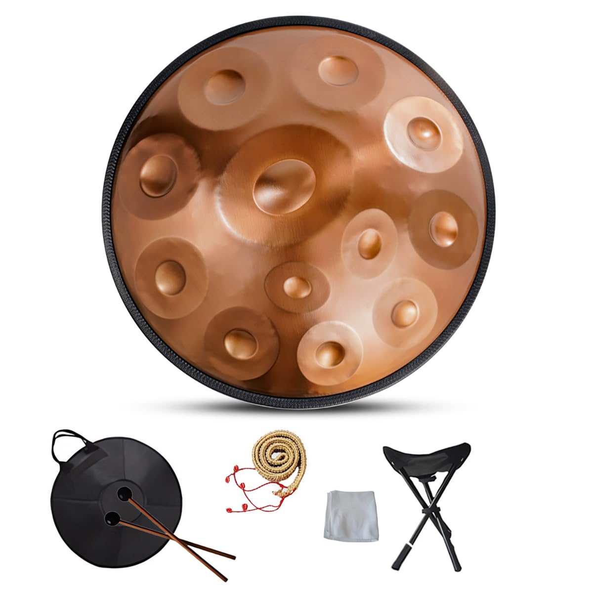 Instrument perkusyjny ręczny, D Minor 12 dźwięków 22" stalowy bęben ręczny z miękką torbą ręczną, 2 młotkami ręcznymi, stojakiem ręcznym, dla zdrowienia dźwięku, medytacji osobistej i relaksu 12Nuty