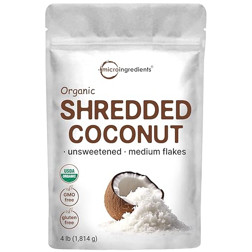 Organic Shredded Coconut Flakes, 4lbs | Raw Unsweetened Flavor, Medium Sized | Great for Baking, Smoothies, or Garnish | Non-GMO, Sugar Free, Keto Friendly