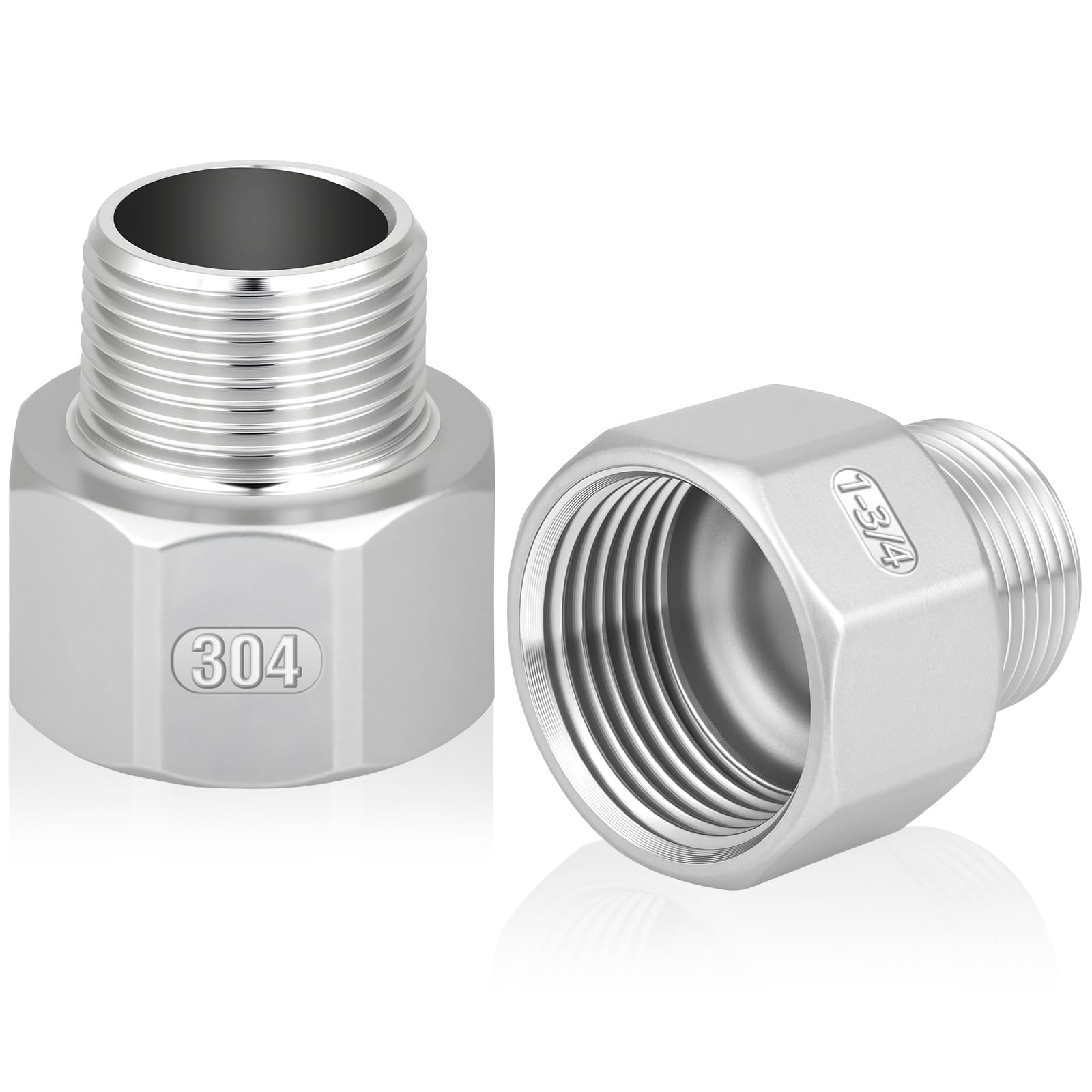 flintronic 1" Female to 3/4" Male BSP Thread Stainless Steel Hex Bushing Reducing Connector, 3/4 Inch Male to 1 Inch Female Reducer Adapter for Gas, Water, Pipe Connecting Conversion (2PCS)