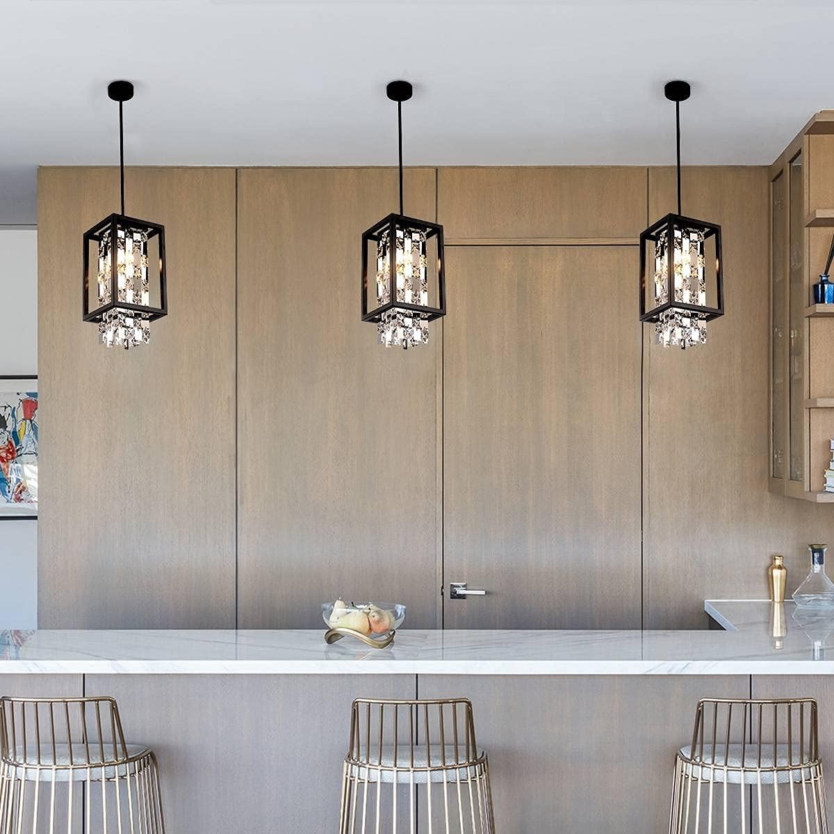 Holiday Deals 🛒 BEIRIO Modern K9 Crystal Pendant Lighting with 2-Lights LED Bulbs and Black Rectangle Metal Shade Adjustable Island Light for Restaurant Kitchen Table Bedroom Living Room Dining Room(6.7×13.4 inch)