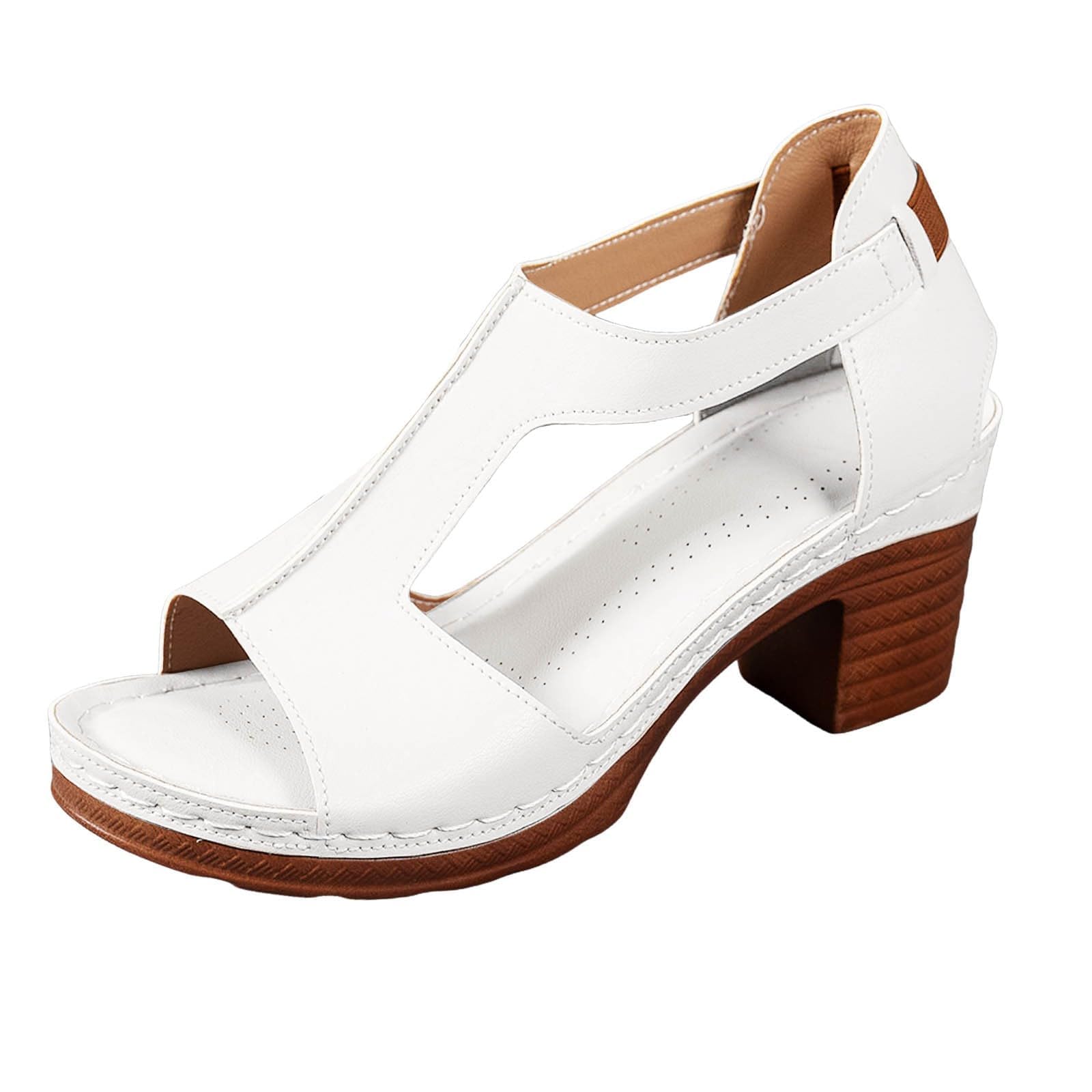 Sandals for Women Chunky Heel Ankle Strap Wedge Casual Slip On Beach Open Toe Summer Shoes High Heels Peep T-Strap Cutout Back Zipper Comfy Heeled