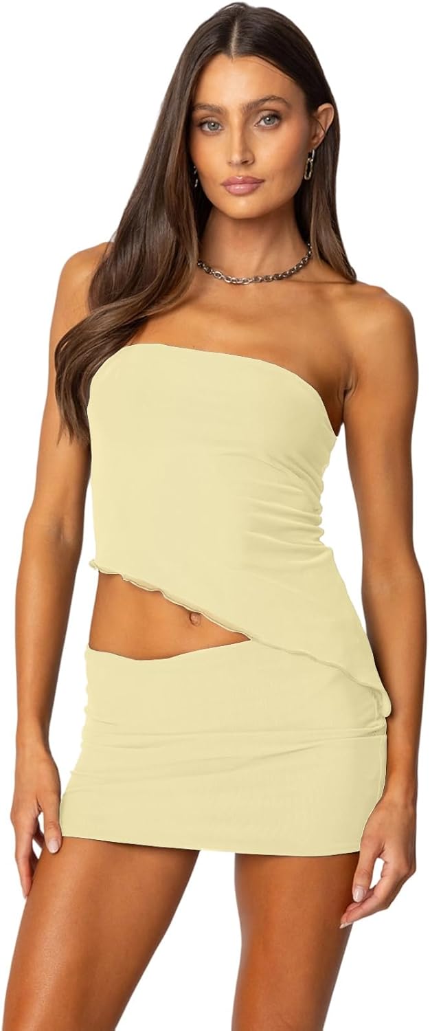 Two Piece Skirt Set for Women Summer Asymmetrical Mesh Strapless Tube Tops Mini Skirt Set Going Out Outfits - Image 4