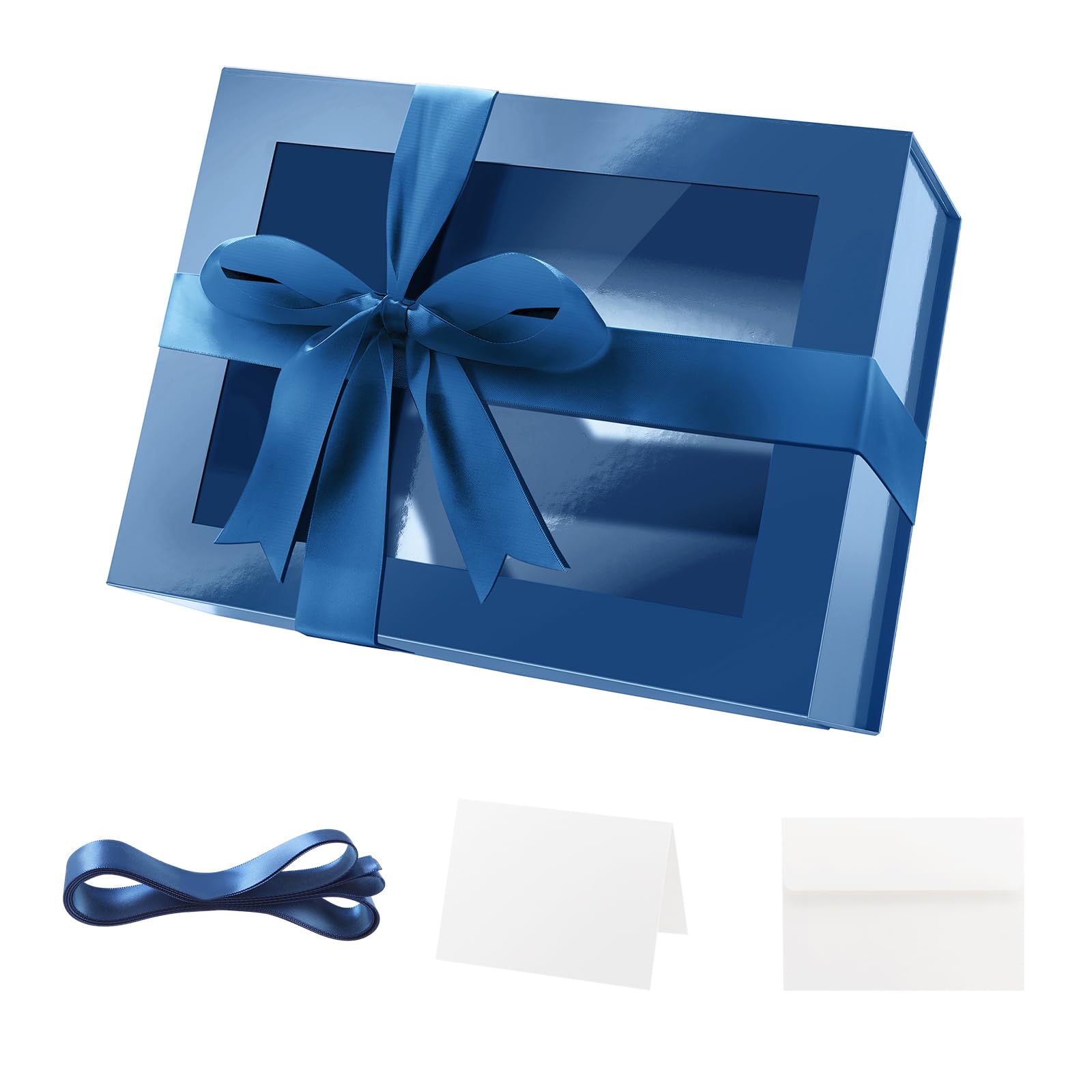 PACKQUEEN Blue Gift Box with Window, 9x6.5x3.8 Inches, Clear Gift Box for Present Contains Ribbon, Card, Groomsman Proposal Box, Gift Box with Magnetic Lid (Glossy Blue)
