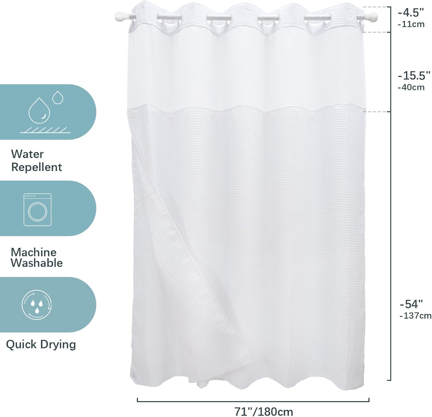 VIUOON Hookless Waffle Weave Shower Curtain with Snap-in Liner - 71W x 74H, White, Heavy Duty 250GSM Polyester, Waterproof, Machine Washable, Sheer Top Window for Bathroom and Hotel Use