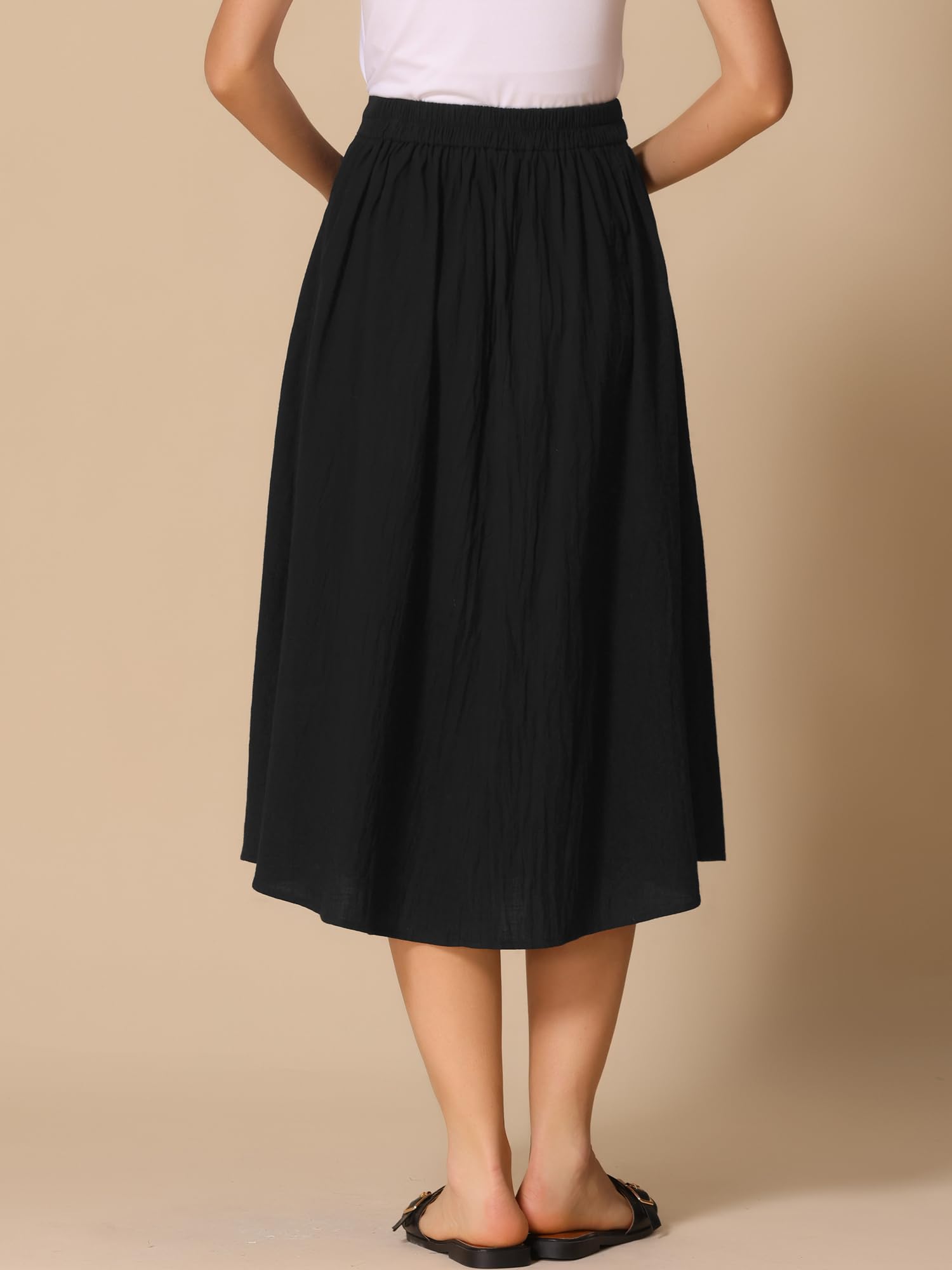 Allegra K Jupe Mi-Longue Trapèze Femme en Coton à Taille Élastique Coupe Décontractée Boutonnée sur Devant avec Poches