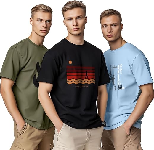 Nobero 100% Cotton Tshirts for Men Combo Pack of 3 | Regular Fit | Printed | Round Neck Half Sleeve