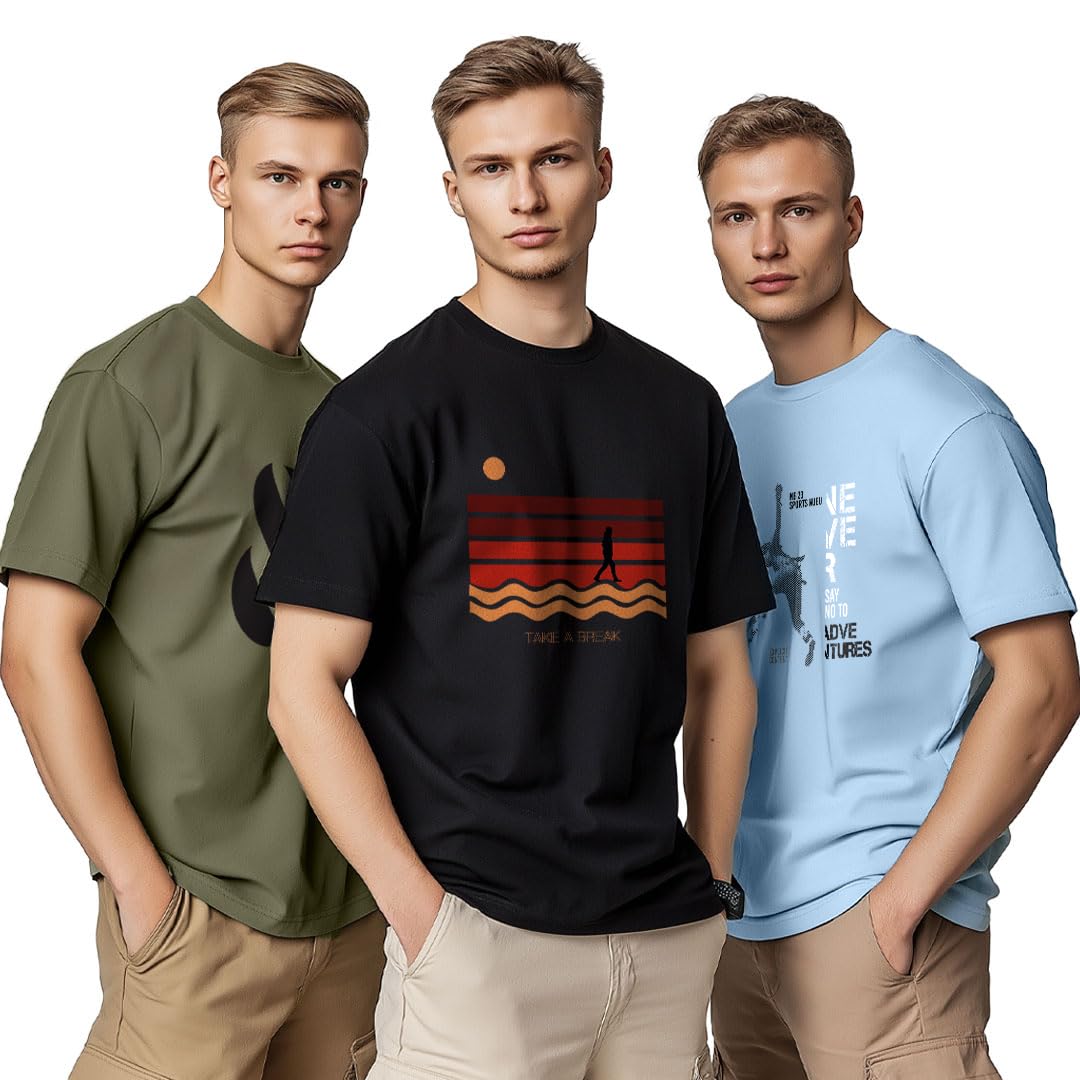 Nobero 100% Cotton Tshirts for Men Combo Pack of 3 | Regular Fit | Printed | Round Neck Half Sleeve