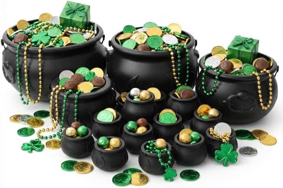 PMU 16pc- 12",10",8",6", (12) 3" St. Patrick's Day Pot of Gold bucket Black Plastic Cauldron For St. Patrick's Day Leprechaun & Mardi Gras Party Decoration Supply Accessory