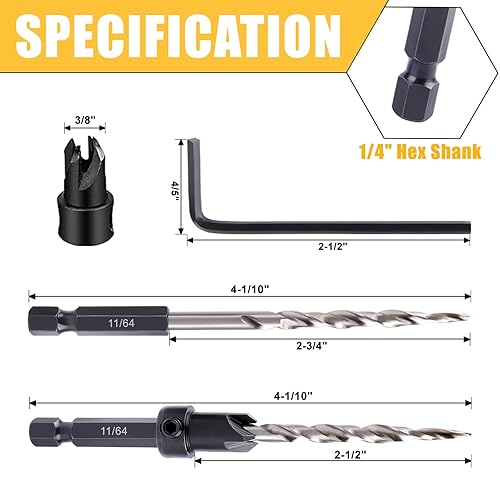 Miniatura 8 de Newdeli - Juego de brocas avellanadoras para madera, 5 brocas avellanadoras #4, 6, 8, 10, 12, brocas cónicas con vástago hexagonal de 14 de pulgada