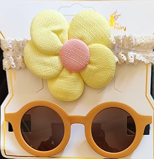 مجموعة عصابة راس ونظارة شمسية بتصميم زهرة للبنات ظلال زهور ملونة مع فيونكة مطابقة شريط عريض من النايلون اصفر داكن مقاس S