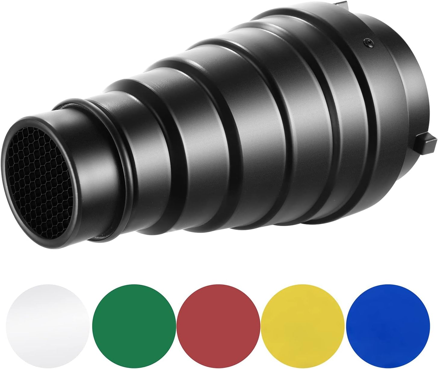 eWINNER Medium Aluminium Alloy Conical Snoot Kit with Honeycomb Grid and 5 Pieces Color Gel Filters for Bowens Mount Studio Strobe