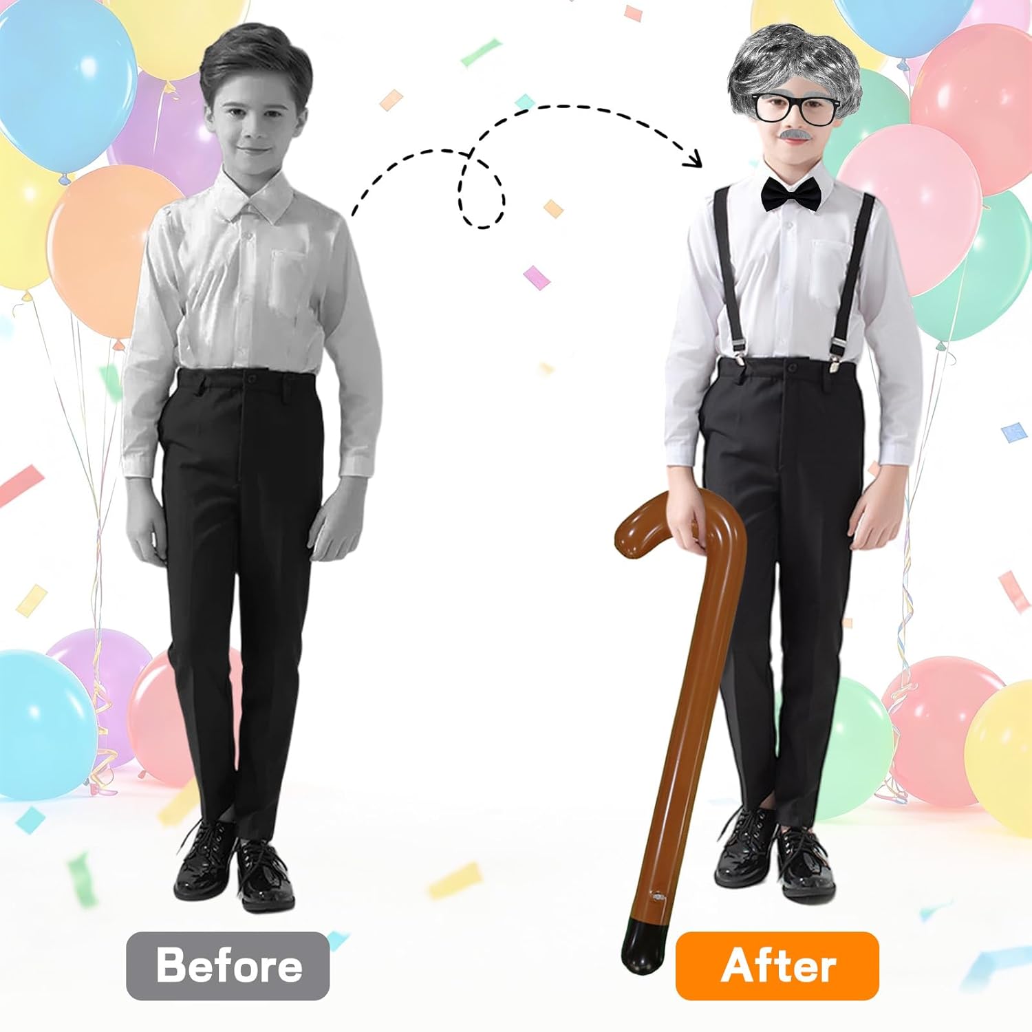 7 Pcs Old Man Costume Set, Old Man Wig Inflatable Cane Glasses Bow Tie Suspenders Mustache Set for Themed Parties Performance Accessories - Image 5