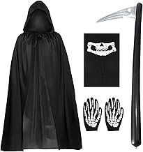 4 Pieces Mysterious Horror Reaper Costumes, Witch Costume, 140 cm Black Cape Skull Neck Scarf Gloves Inflatable Sickle Accessories Reaper Costume for Halloween Cosplay