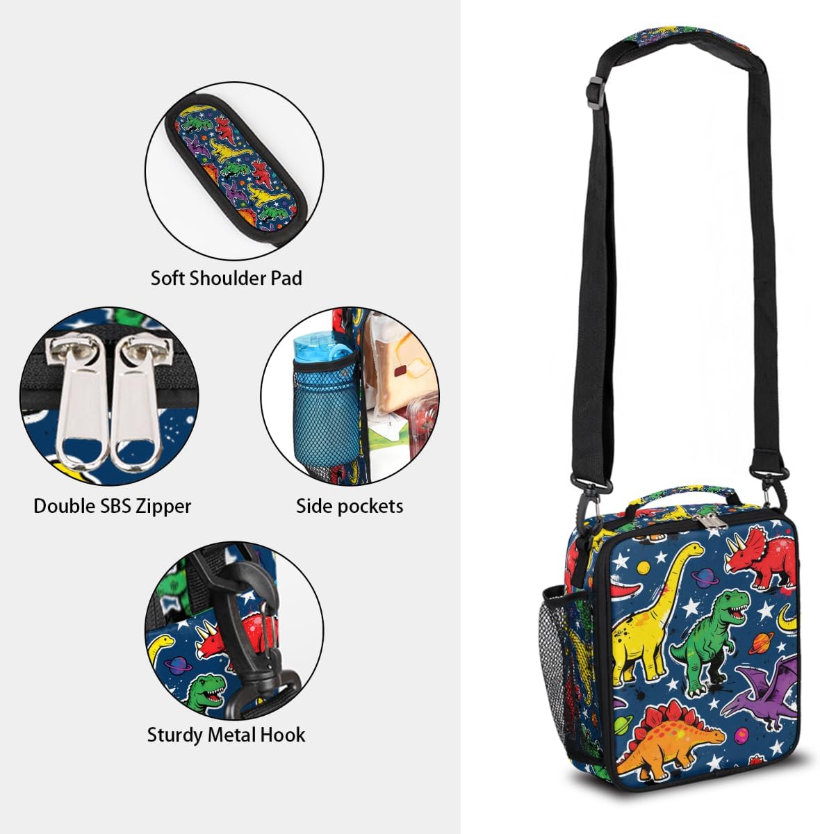 Vintage Dinosaur Planet Space Kids Lunch Bag, Insulated Lunch Box for School Reusable Lunch Tote with Shoulder Strap Leakproof Waterproof for Boys Girls Travel Picnic Camping Outdoor image 2