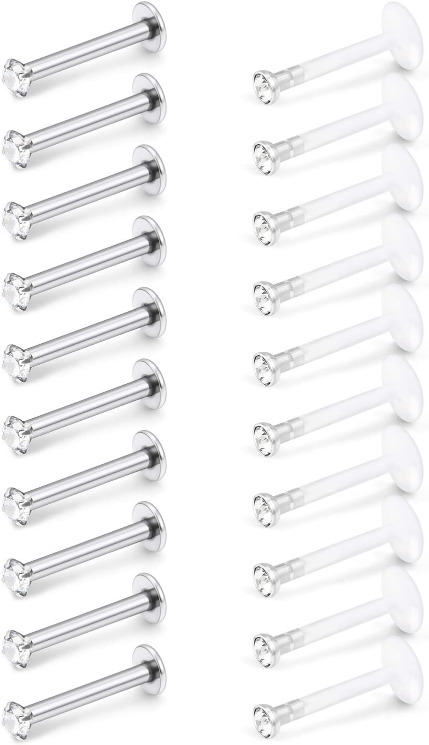 16G Lip Rings 6mm 8mm 10mm Acrylic & Stainless Steel Labret Monroe Lip Ring Tragus Rook Helix Earring Stud Piercing Jewelry with 2mm CZ 20-40PCS