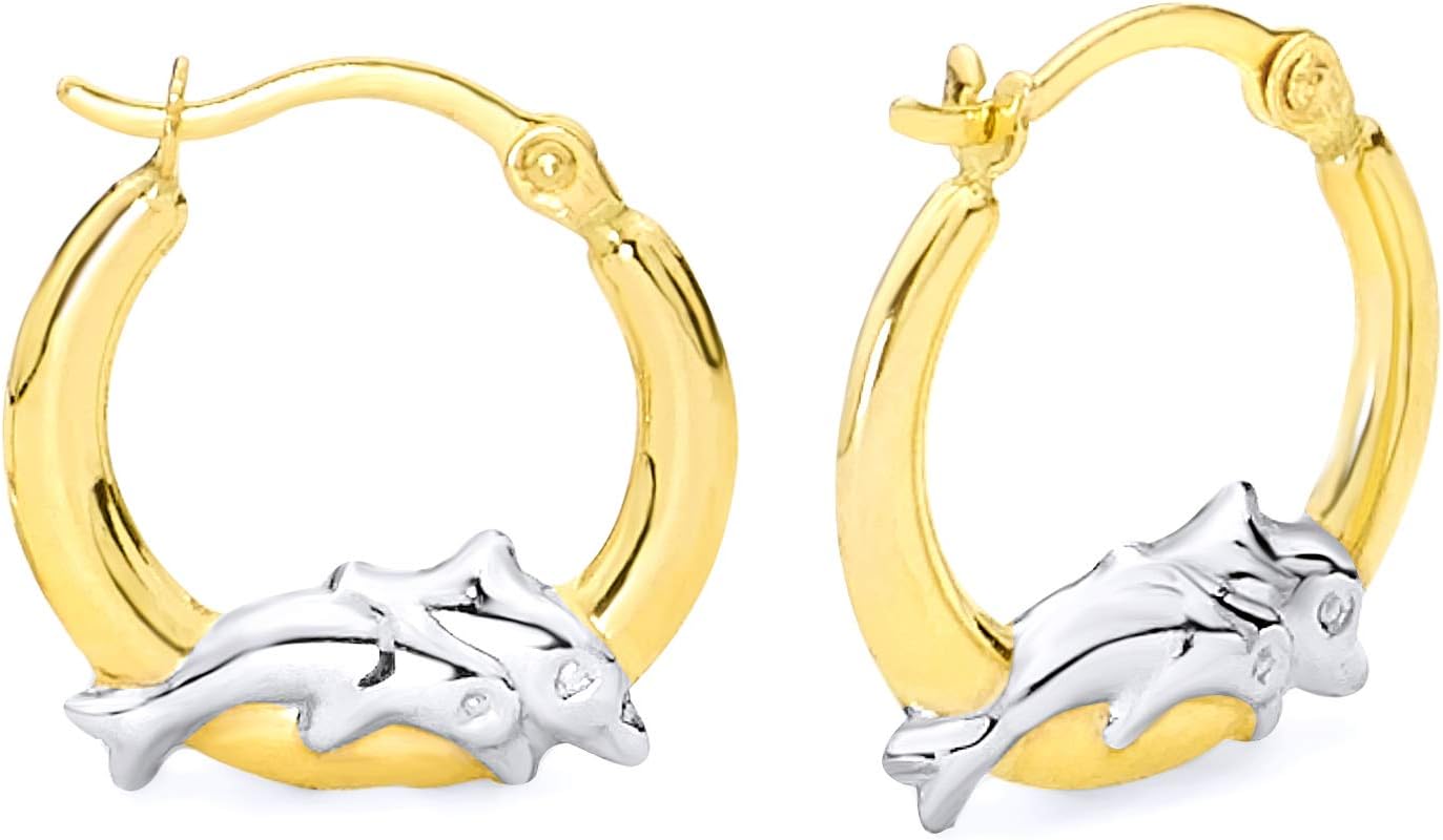 14k REAL Two Tone Gold Fancy Dolphin Hoop Earrings (13mm Diameter)