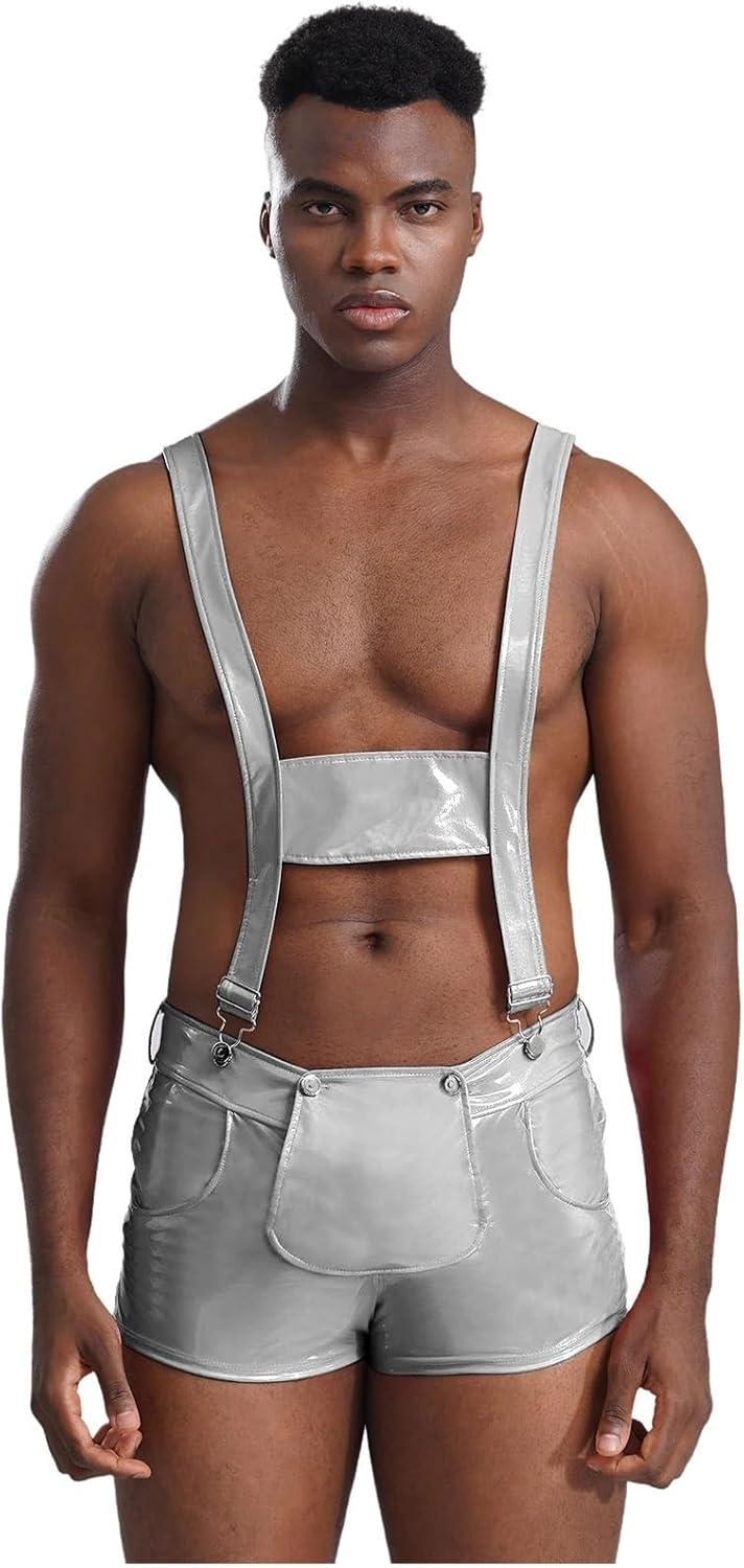 Mens Patent Leather Lingerie Bodysuit Costume Shorts Jumpsuit Hollow Out Adjustable Suspender Overalls Romper Rave Wear