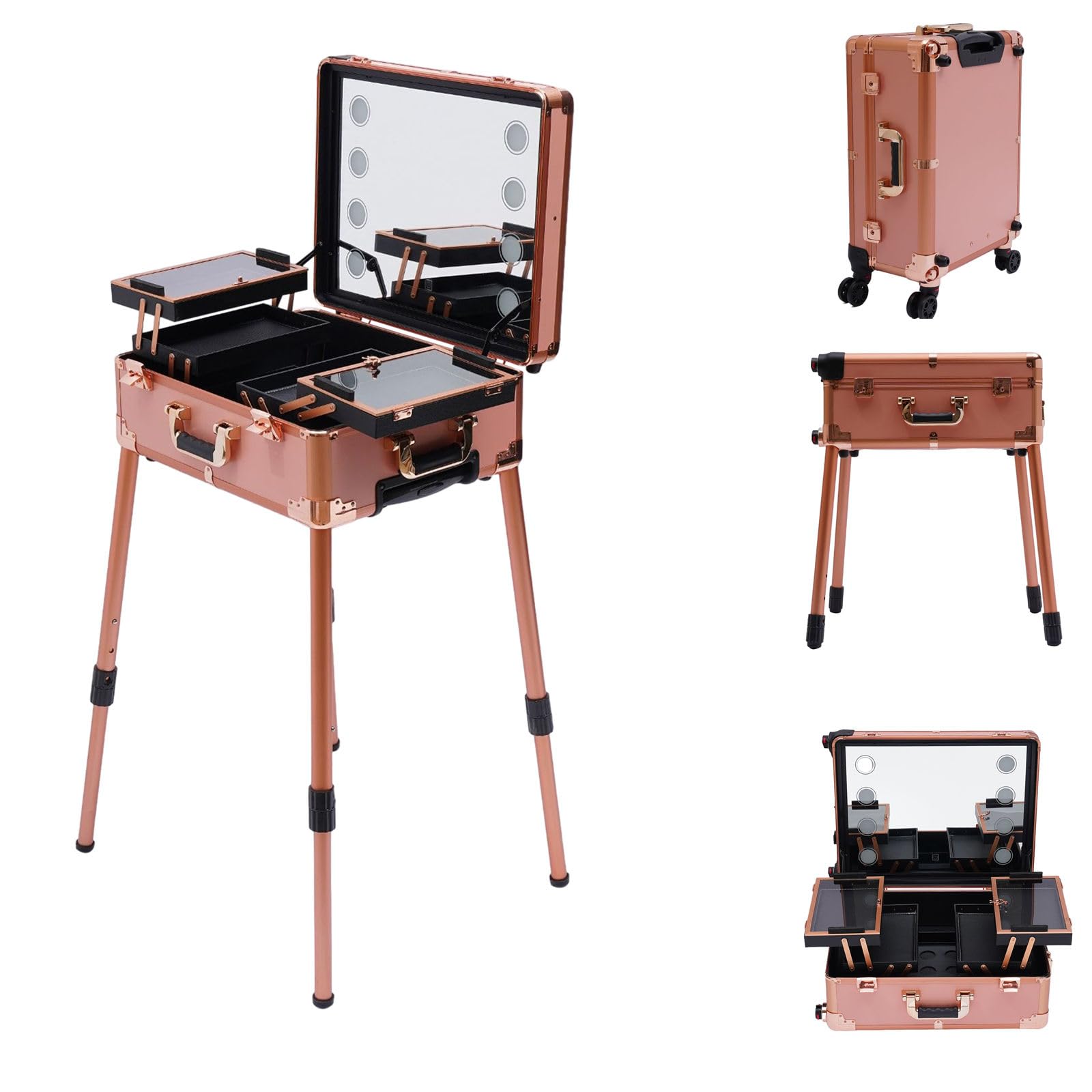 Schminkkoffer Trolley Kosmetik-Zug Tisch Verstellbare Pro-Schminkstation Make up Organizer Portable Makeup Train Case Cosmetic Box Aufbewahrungsbox mit 4 Rollen, LED-Licht & Stützbein