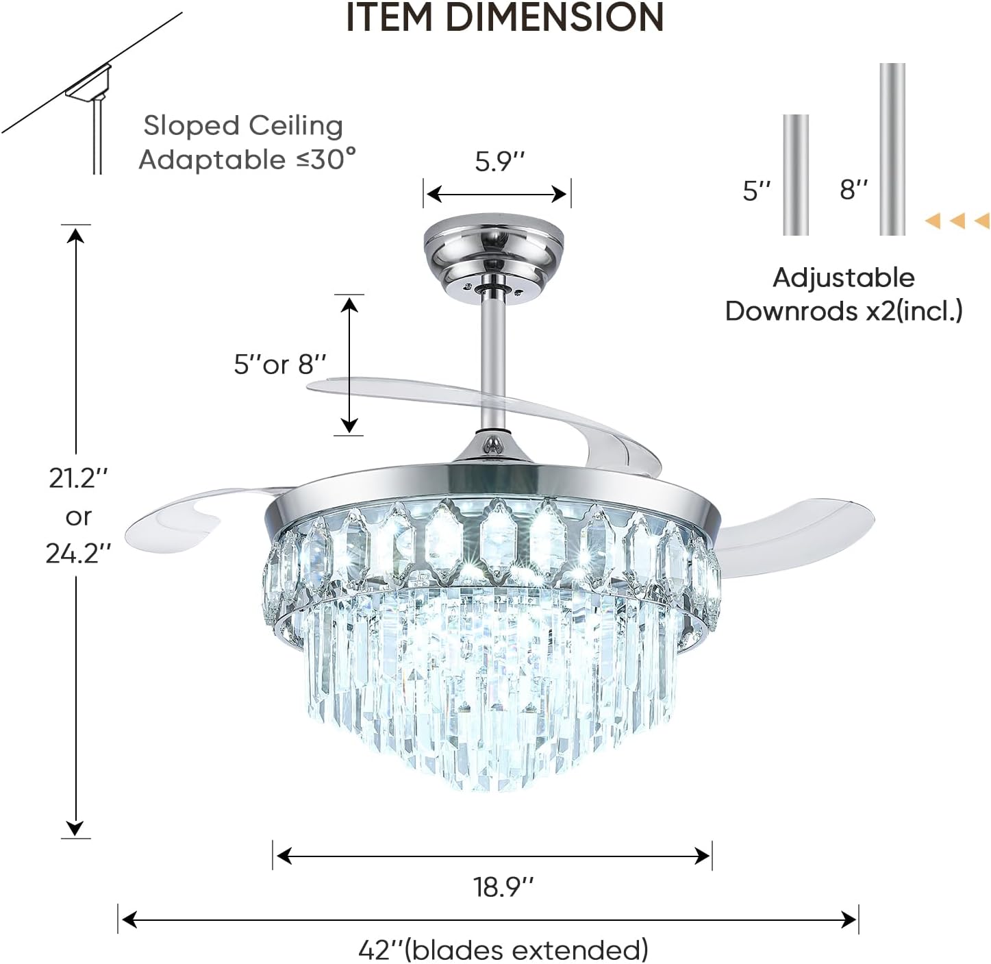42 Inch Fandelier Ceiling Fan with Light, Retractable Ceiling Fan with Lights Chandelier Fan for Bedroom, Living Room, 3 Color Temperature, 6 Wind Speed-Chrome