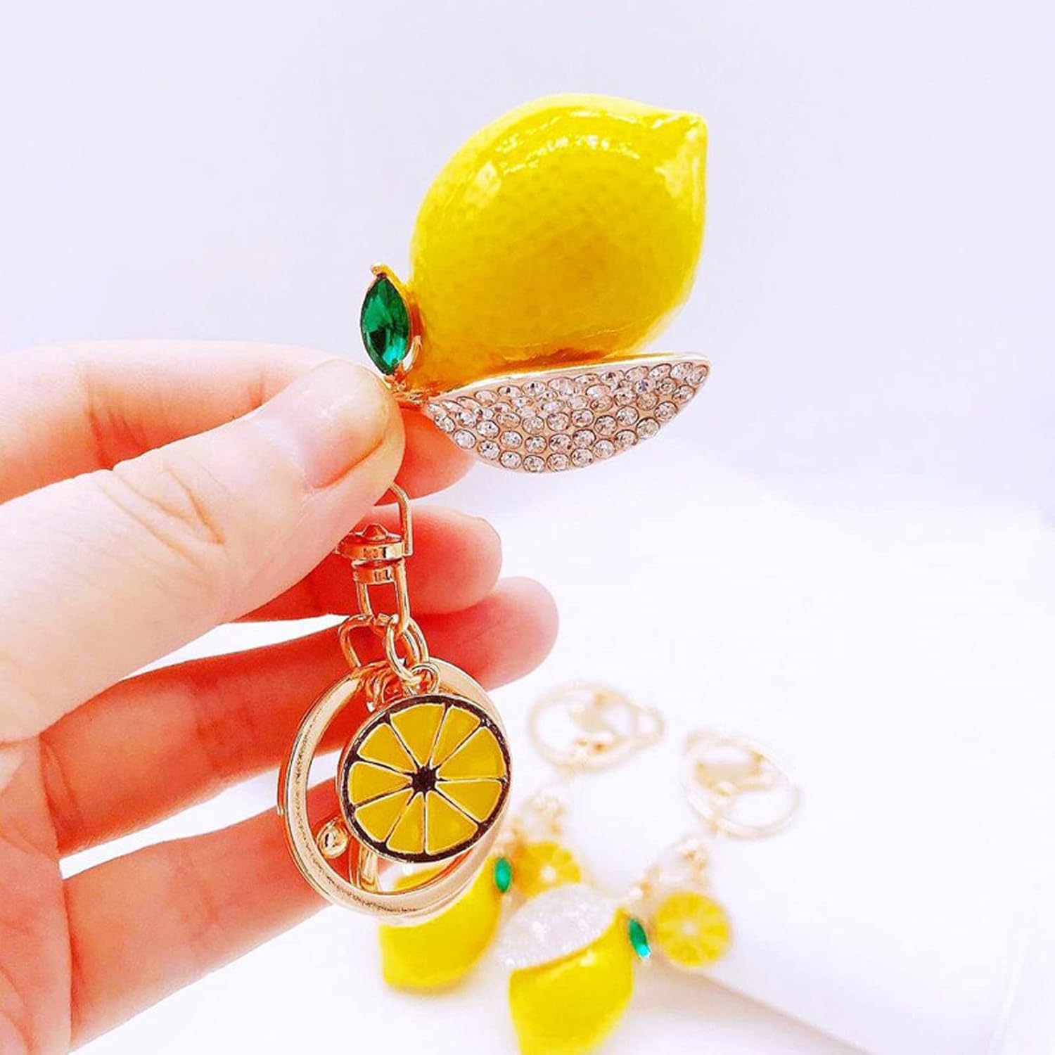Lemon Keychain - 1 Set Fruit Key Ring for Women Diamond Key Chain for Purse Bag Backpack Car Jewelry Handbag Personalized Keyring Best Gift to Friends Kids Family - Image 5