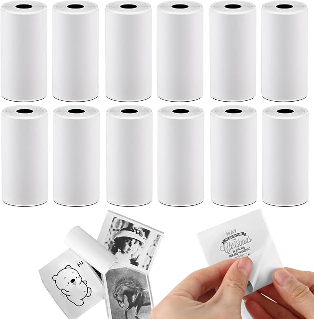 12 Papier thermique autocollant blanc, 53x28mm Sticker d'impression pour Mémoking Phomemo Mini Imprimante, Imprimant pour petites étiquettes T02 M02, Travail, Notes d'étude Maker Cadeau, Journal Photos (White-53mm)