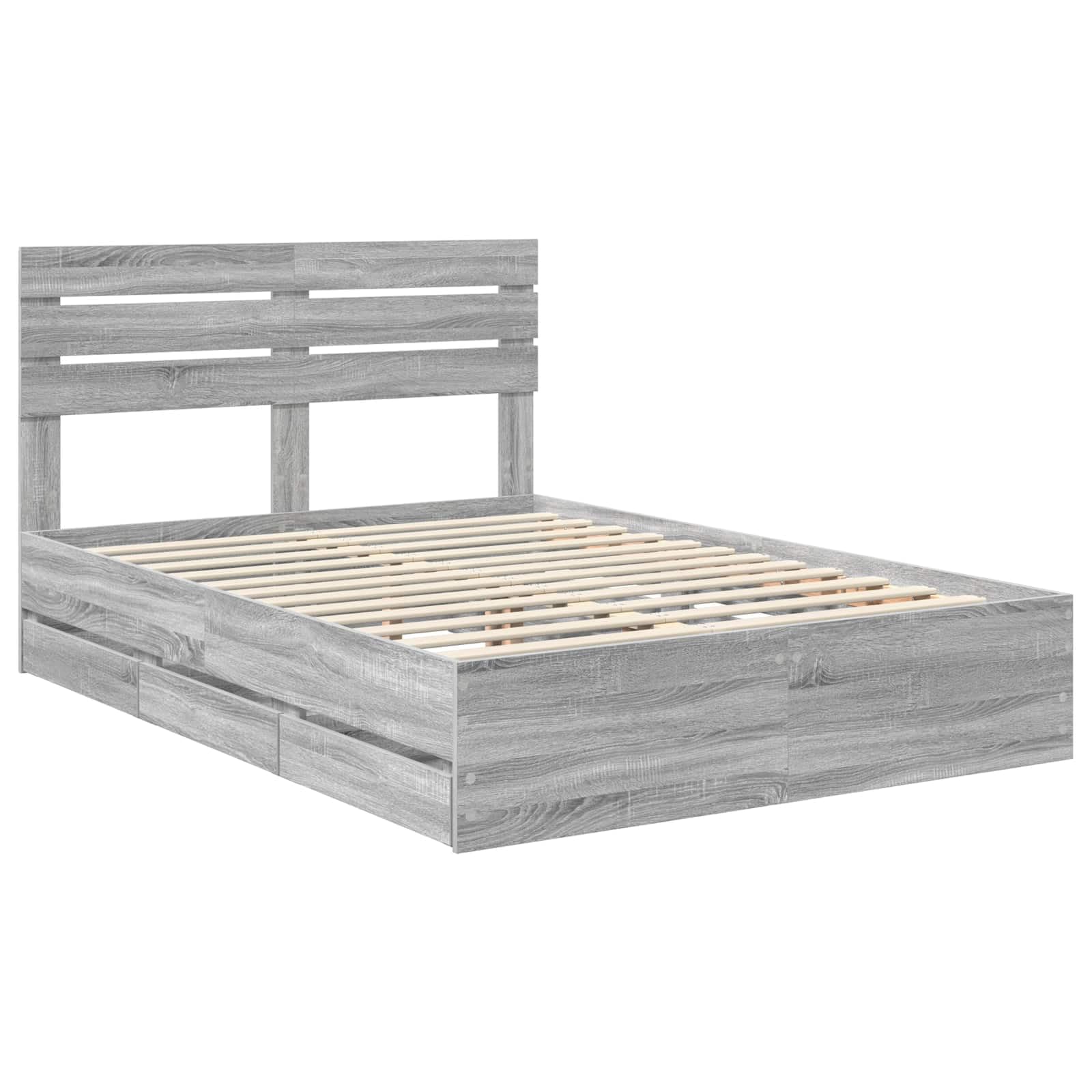Marco de cama moderno de madera compuesta en gris sonoma 160 x 200 cm con somier de listones y cajones de almacenamiento ocultos, diseño autosostenido
