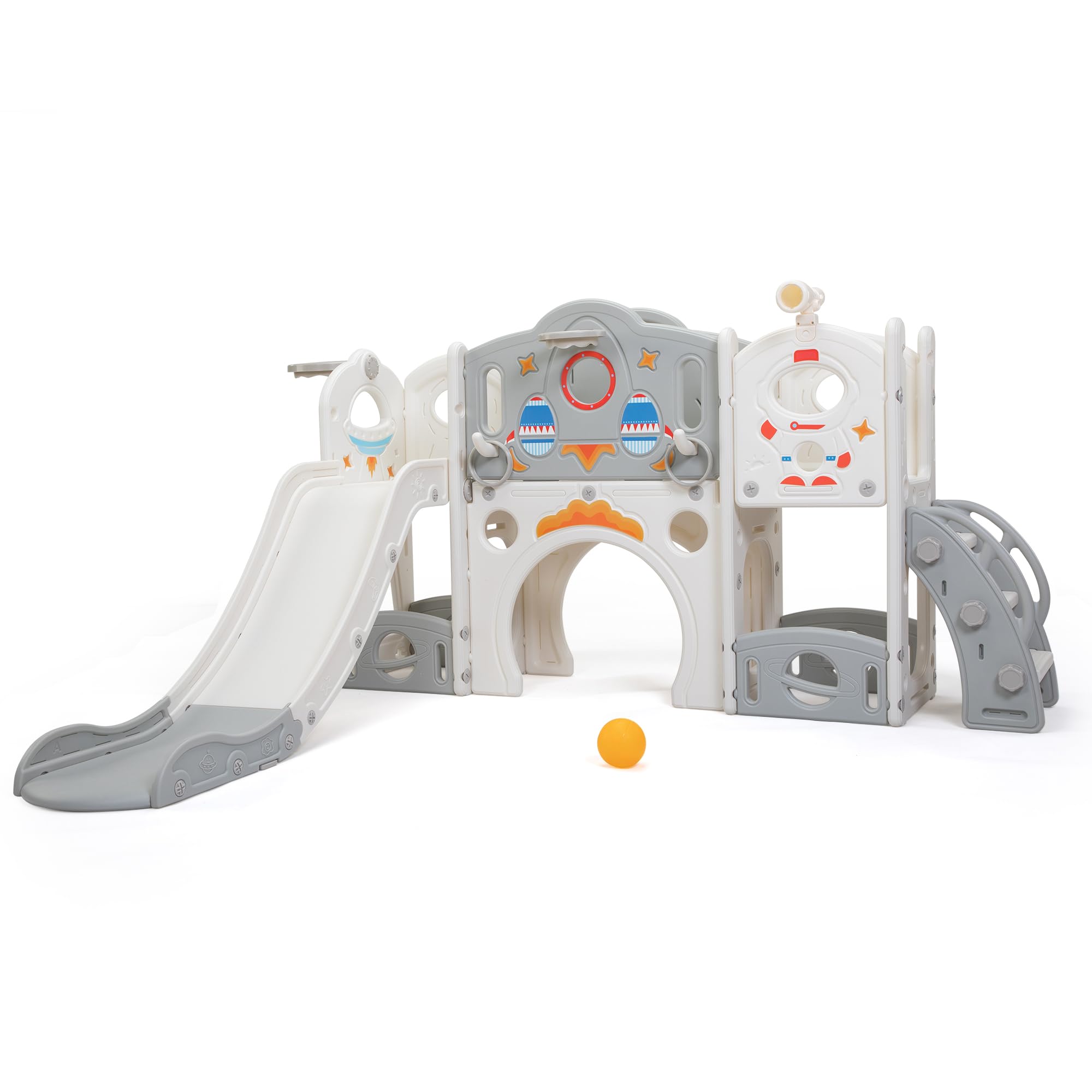 9-in-1 Toddler Slide with Climbing Ladder,Tunnel and Basketball Hoop, Indoor Outdoor Slide Set for Kids, Children's Play Equipment,Gifts for Kids Girls Boys Teen Ages 1-6 (Grey&White Rocket)