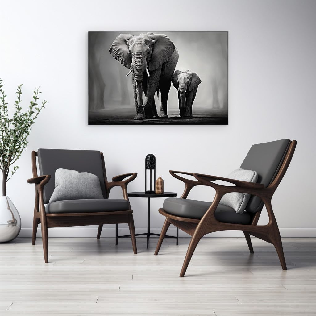 Canvas for Living Room. Gentle Giants in Monochrome A Mother Elephant and Her Calf Journey Together, 27 x 18 inch Canvas Wall Art - Ready to Hang