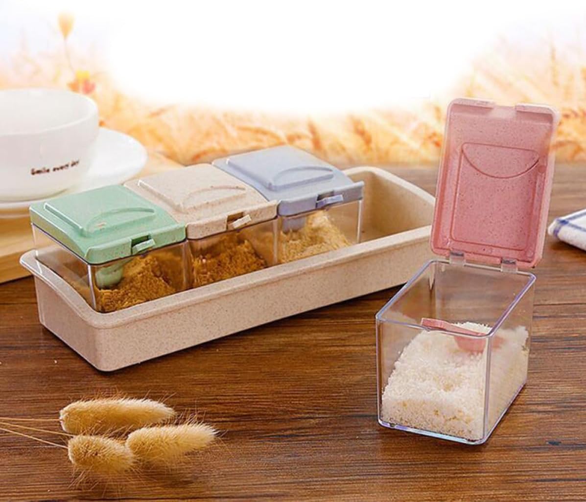 VICASKY Wheat Straw 4-compartment Seasoning Storage Box with Spoon for Salt