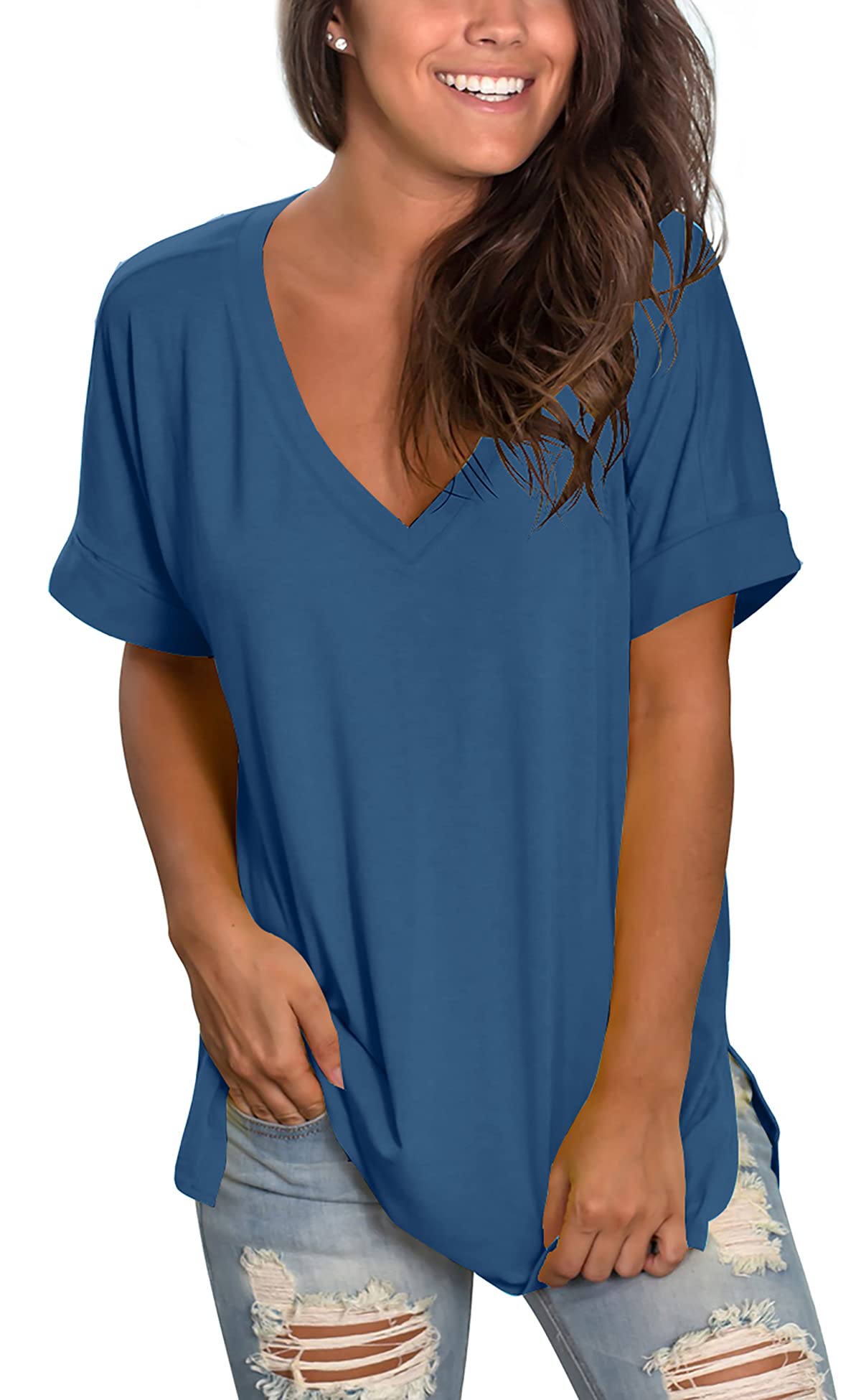 SAMPEEL Women's V Neck T Shirts Casual Rolled Short Sleeve Side Split Summer Tops Loose Fit