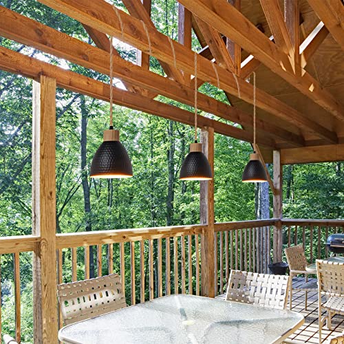 Image of 3-Light Plug in Pendant Light 22FT Industrial Hanging Lamp with Twisted Hemp Rope Independent Triple Switch Hanging Light Chandelier for Dining Room Kitchen, Black Finish