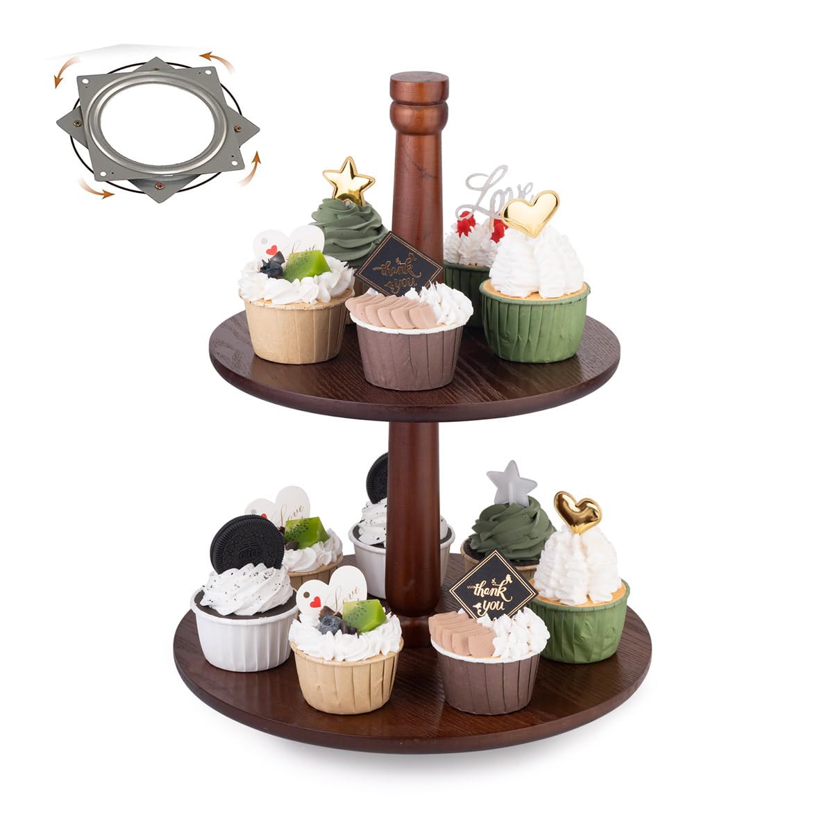 2 Tier Rotating Cupcake Stand，Wood Dessert Stand，Tiered Tray Stand，Two Tier Tray，Tiered Tray Decor Holder，for Birthday Wedding Party or Modern Home Decor
