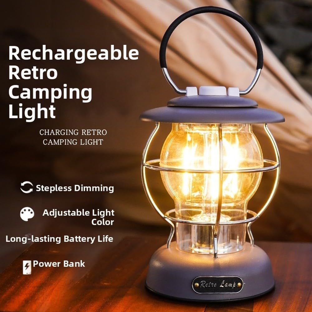 Lampada da campeggio portatile USB-C ricarica rapida lanterna retrò durata 70H impermeabile torcia LED per interruzioni di corrente (viola scuro-grigio)