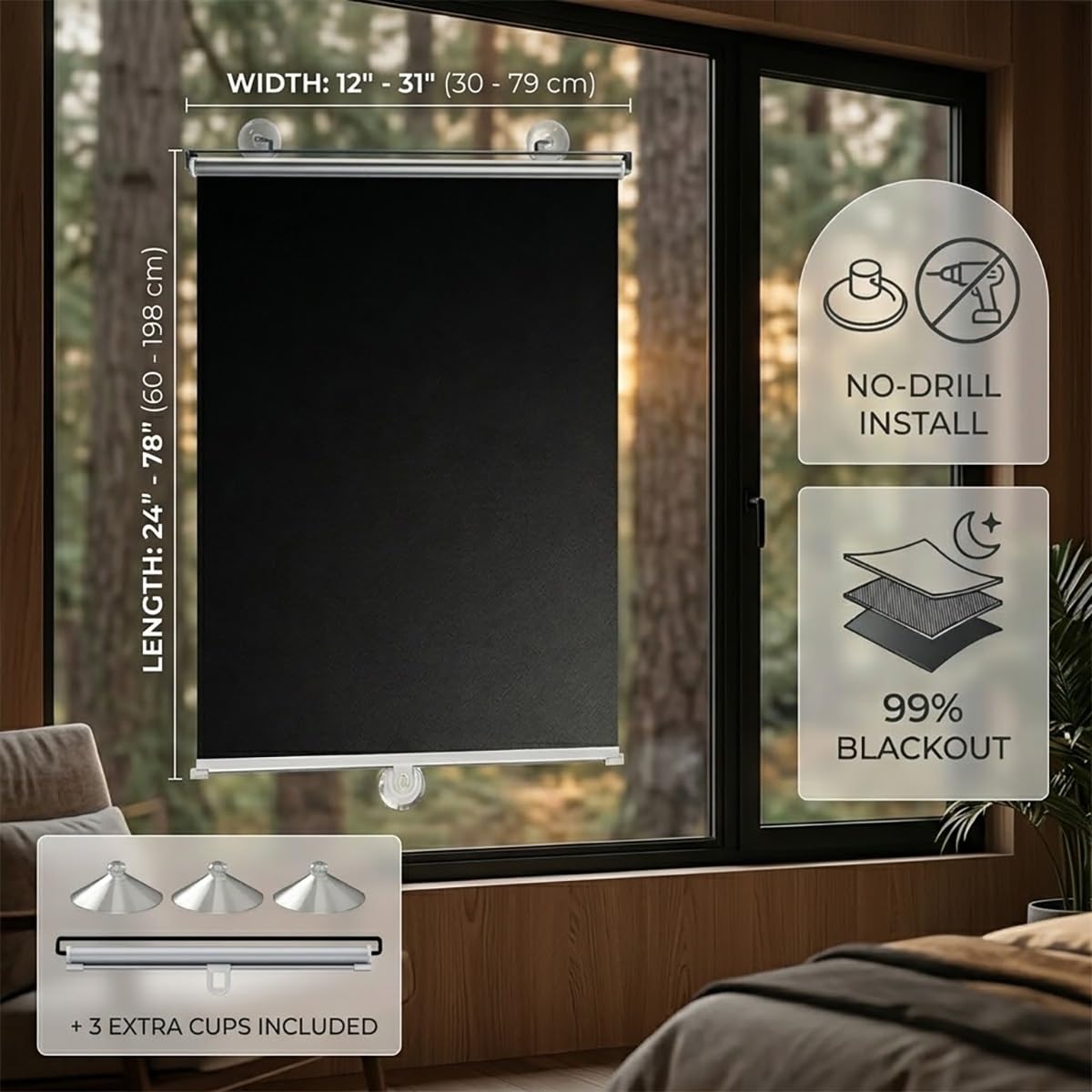 Estor Enrollable Sin Taladrar con Ventosas, Persiana Enrollable Parasol, Cortinas Blackout, Protección Solar y Térmico Aislante, Estores Temporales Portátiles, Ventanas, Baño(70 A x 110 H cm)
