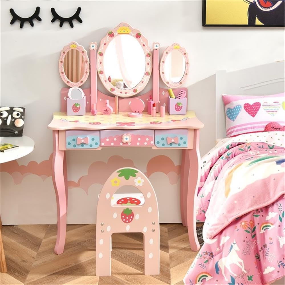 Pemberly Row Kids Vanity Princess Makeup Dressing Table Chair Set, Pink MDF, Tri-Fold Rotating Mirror, Ergonomic Chair, Storage Drawers, Strawberry and Flower Patterns, Safe Design Kids Bedroom Desk
