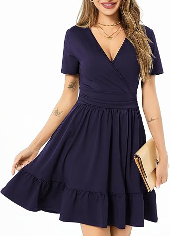 Womens Fashion Summer Causal Short Sleeve Dress V Neck Beach Party Dresses with Pockets
