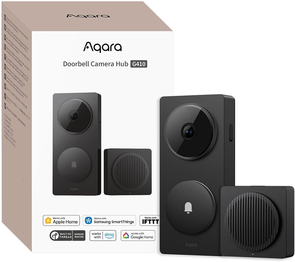 Aqara Smart Doorbell Camera G410 with Chime, 2K, HomeKit Secure Video, 2-Way Audio, Built-in Matter Hub, Wireless/Wired, Supports Apple Home, Alexa, Google, Home Assistant, 2.4G/5GHz Wi-Fi, Black