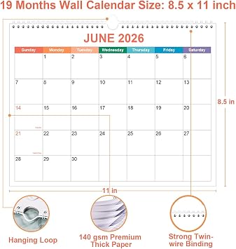 Calendar 2026-2027, Wall Calendar 2026-2027 from June 2026 - December 2027, 19 Months Calendar with Premium Paper, Twin-Wire Binding & Hanging Hook, 8.5 x 11, Colorful