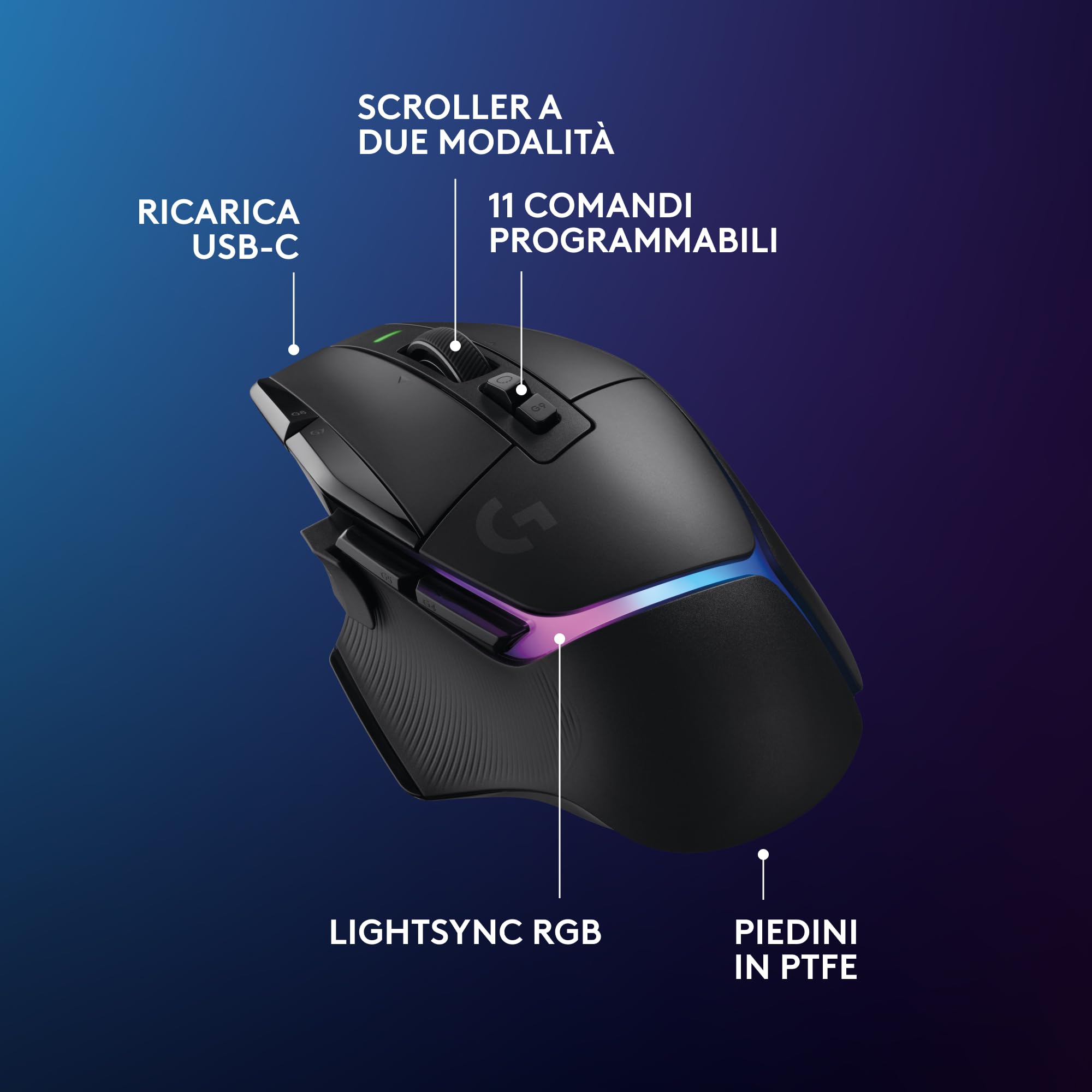 Logitech G502 X PLUS LIGHTSPEED Mouse gaming RGB wireless + sistema di ricarica wireless POWERPLAY 2, ricarica illimitata, RGB personalizzabile, sensore HERO 25K, switch ibridi LIGHTFORCE per PC/Mac - Vista 7