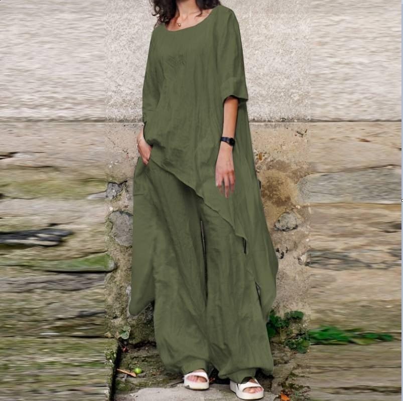 Women Solid Color Two Piece Set Loose Fit Top Pants Casual Everyday Outfit