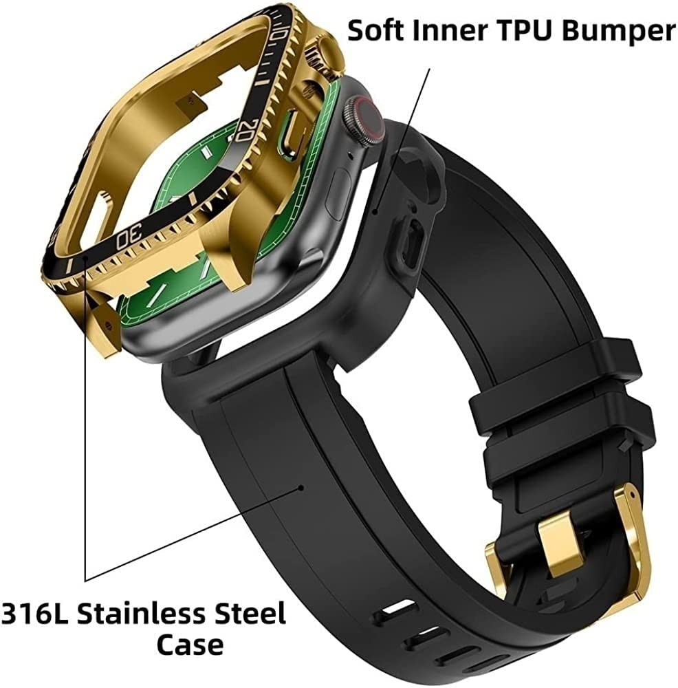 EZZON Etui do zegarka ze stali nierdzewnej męskie paski silikonowe, do Apple Watch serii 8/7 45 mm 44 mm, zestaw doposażenia metalowa rama zintegrowana bransoletka zegarek akcesoria zamienne