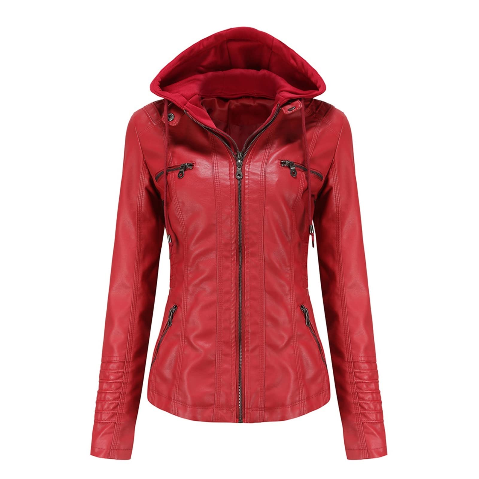 Lederjacke Mit Kapuze Damen Herbst Winter Motorrad Jacke Bomberjacke Bikerjacke mit Reißverschluss Abnehmbare Kapuzen Übergangsjacke Kunstleder Jacken Große Größen