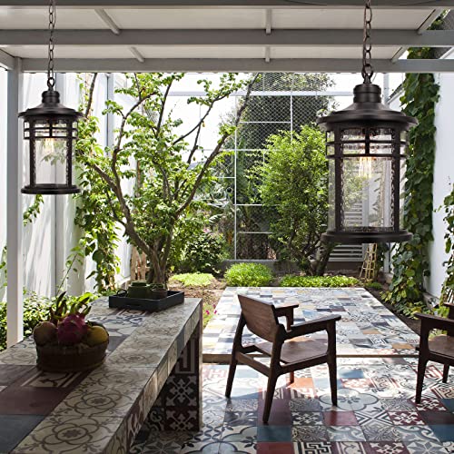 Image of Darkaway Large Outdoor Pendant Lights, 15inch Outdoor Chandelier Hanging Porch Lights Outside Ceiling Mount Aluminum with Seeded Glass for Front Door Gazebo Patio (Large, Black)
