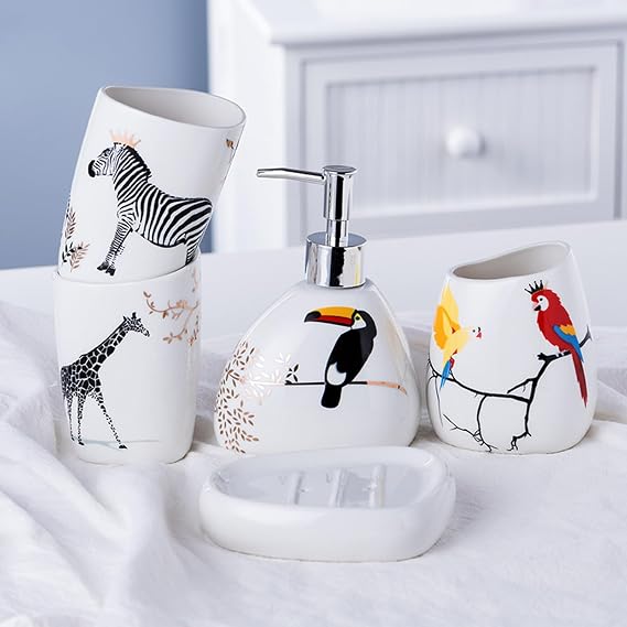 Animal Bathroom Amenity Accessory Set Included Dispenser, Soap Tray, Toothbrush Holder and Tumbler Ceramic Decor Gift,5pcs